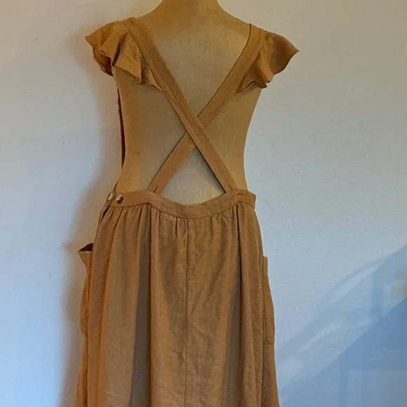 Doen Pennisula Dress Pinafore Elegant Tan/Pumpkin color with Pockets ruffles VGC - Picture 9 of 14
